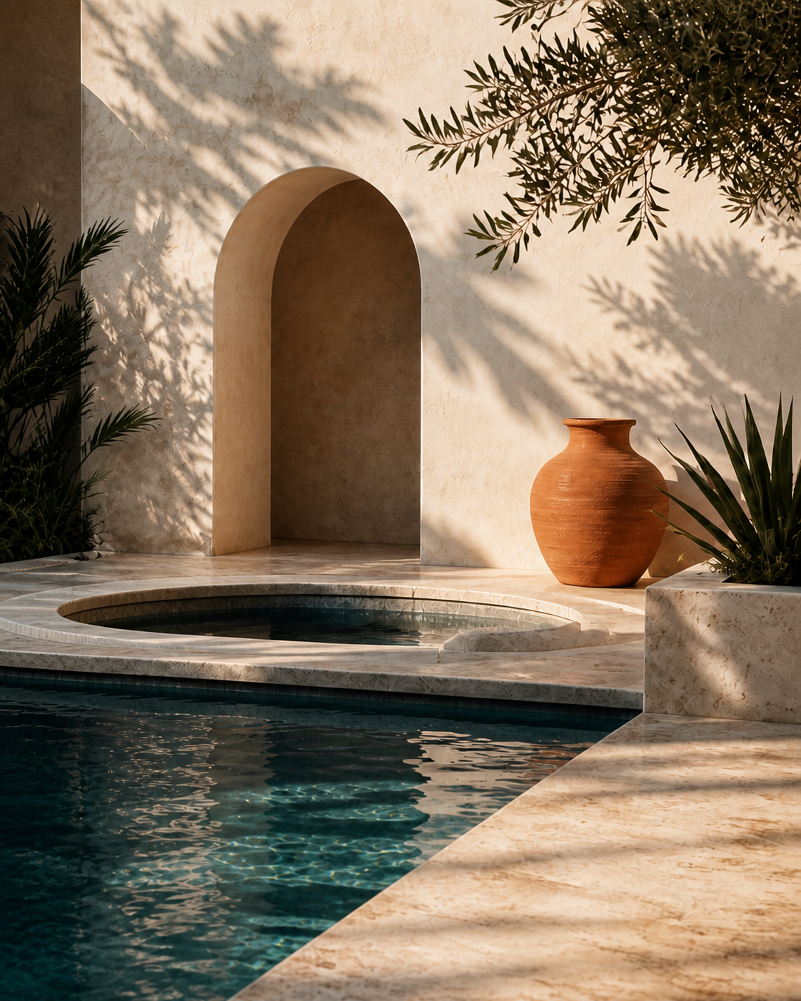 Sunlit coastal spa courtyard with water, limestone, and planting